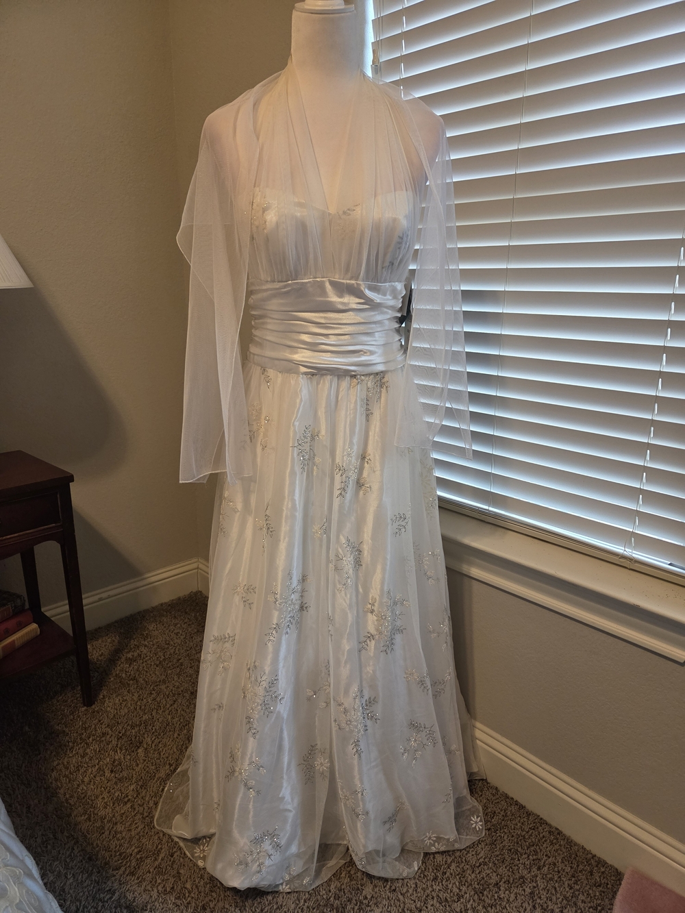 Blondie Nites White Embroidered Halter Wedding Gown with Sheer Shawl